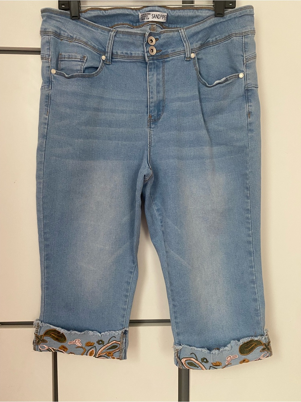 Sandpiper Light Blue Embroidered Cuff Cropped Jeans